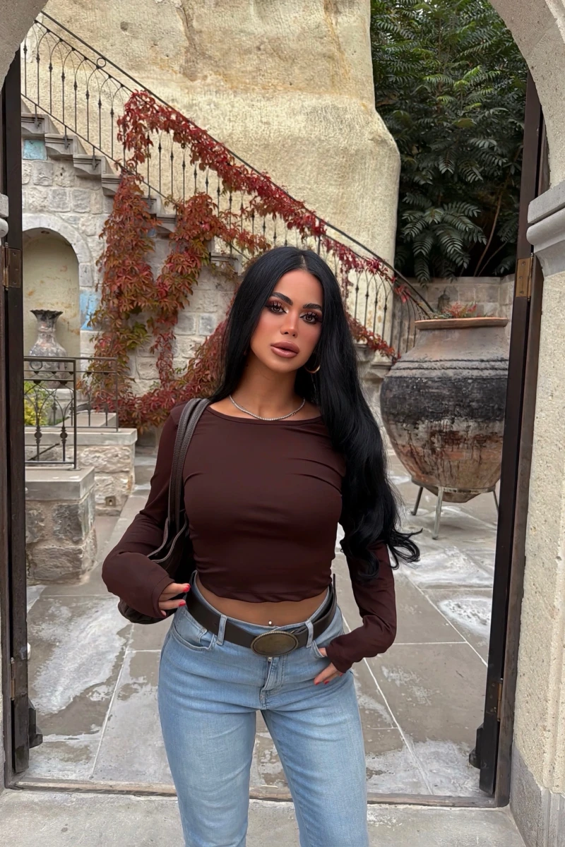 Kahve Sırt Açık Basic Crop