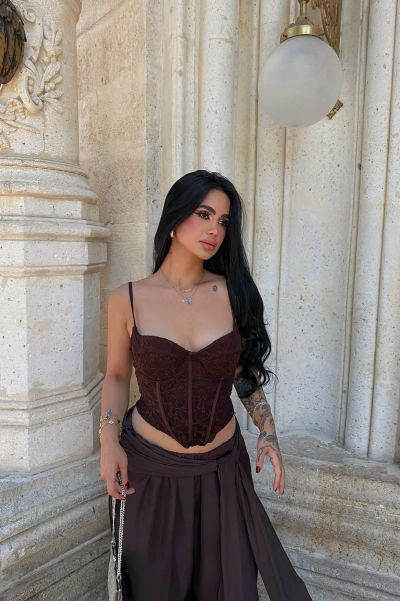 Kahve Sırt Bağlamalı Askılı Korse