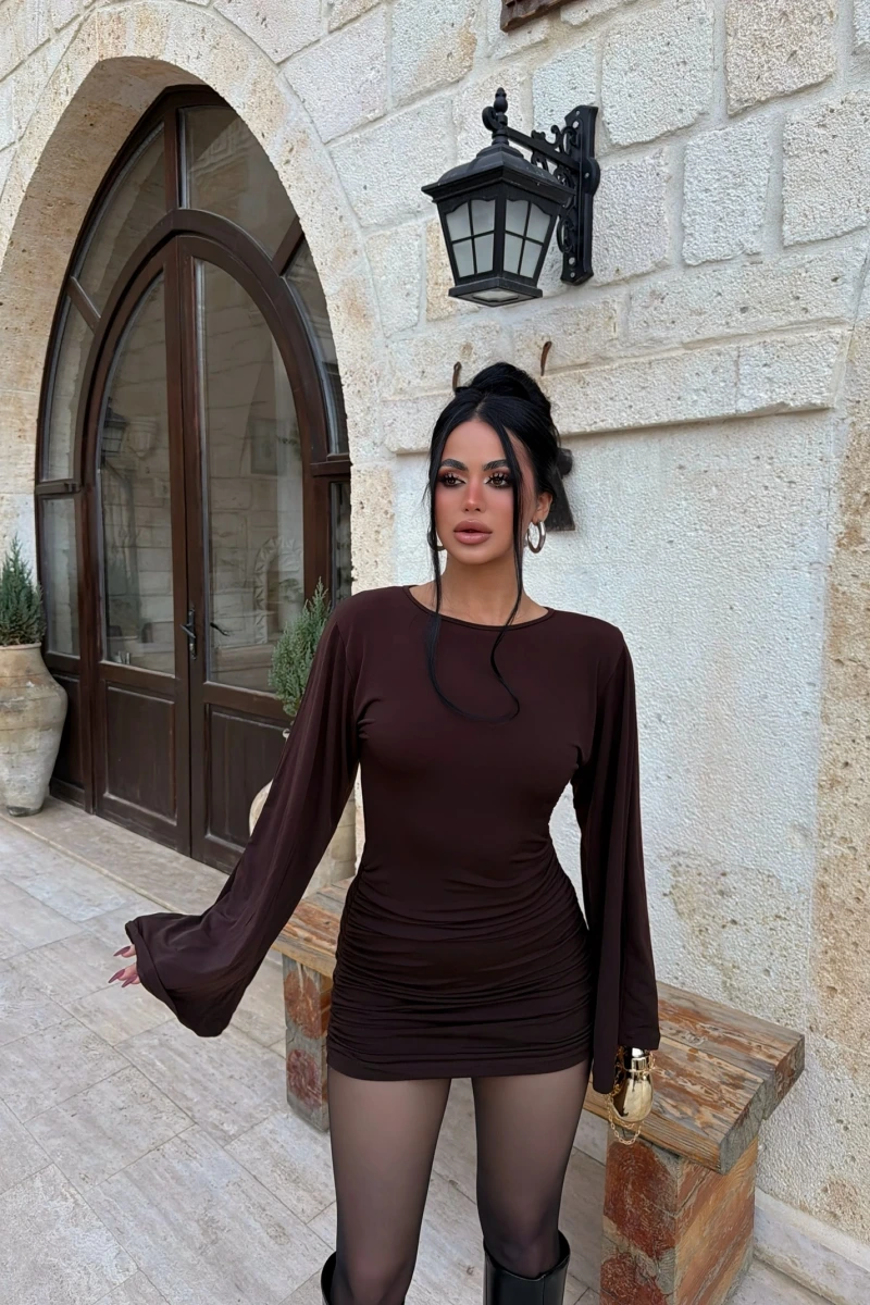 Kahve Sırt Dekolte Drapeli Mini Elbise