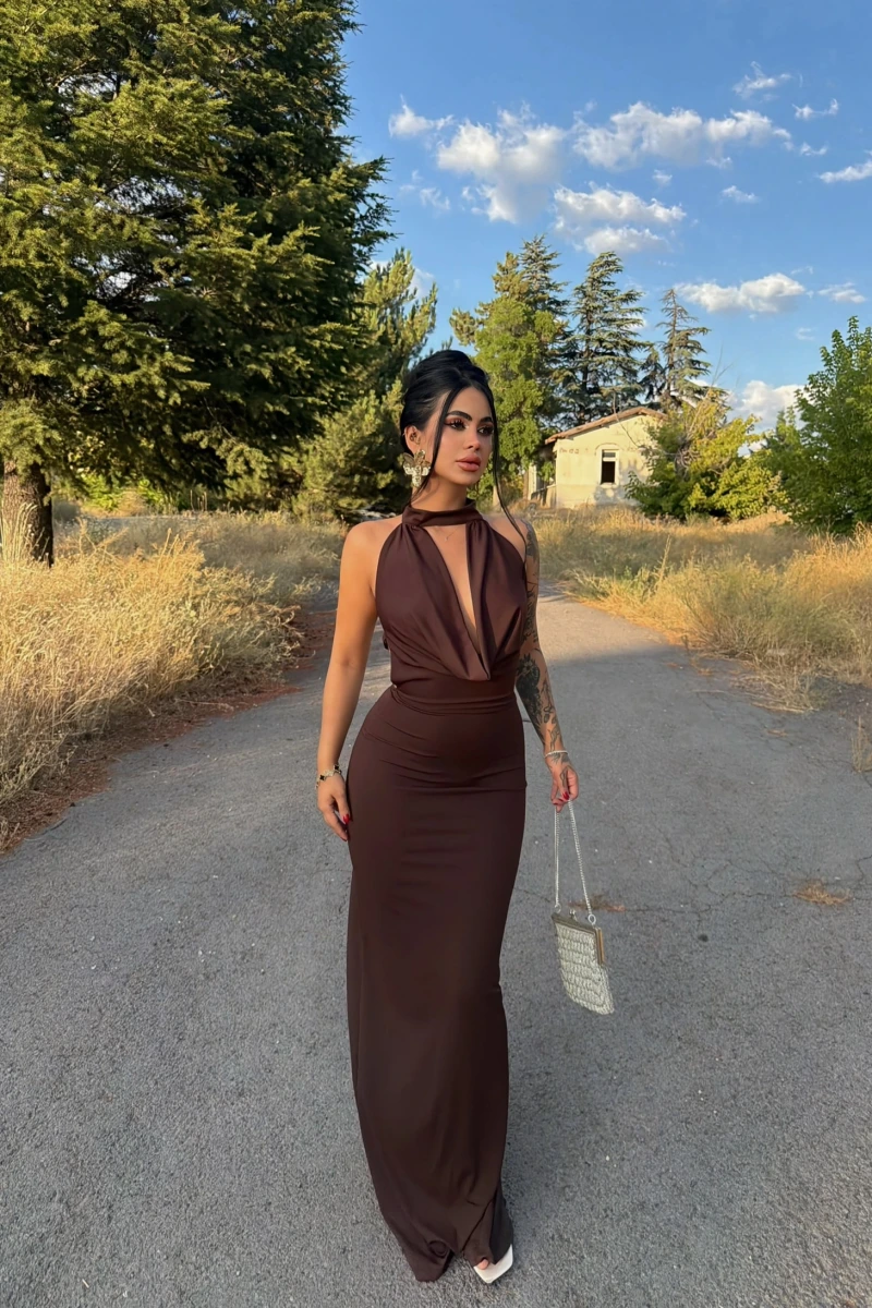 Kahve Vogue Degaje Maxi Elbise