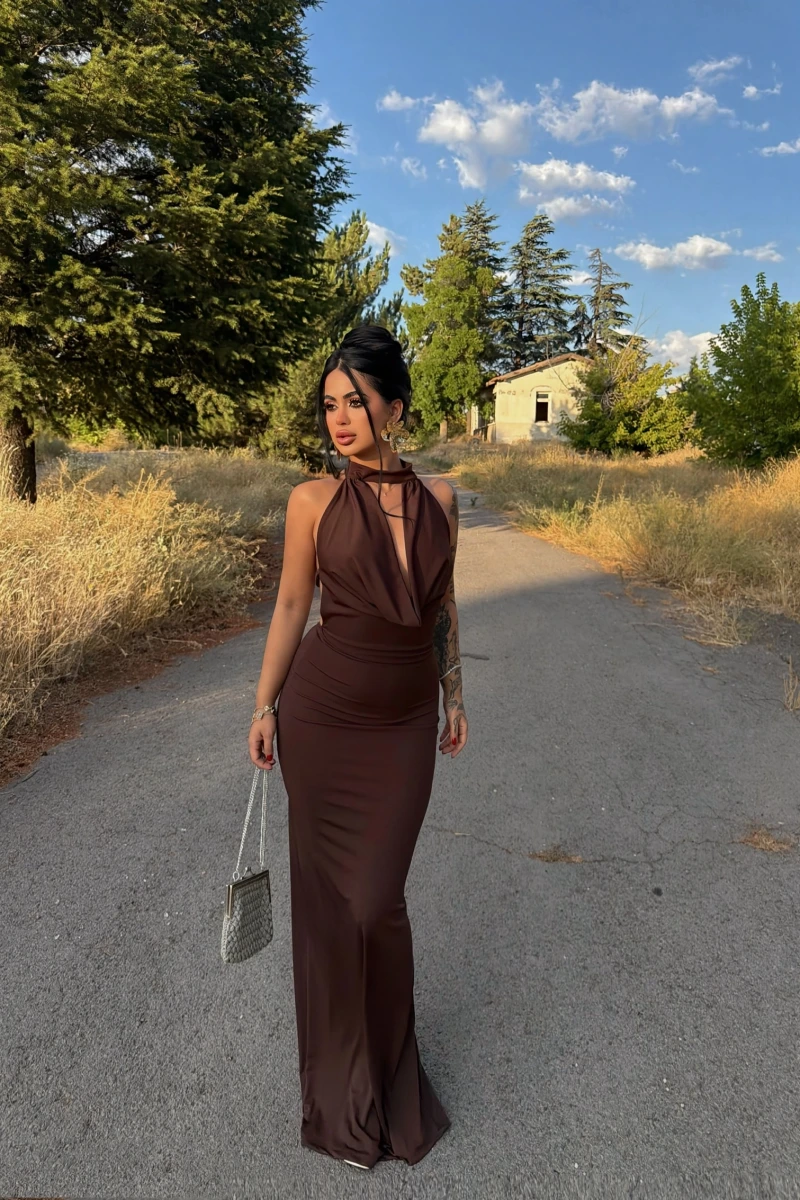Kahve Vogue Degaje Maxi Elbise