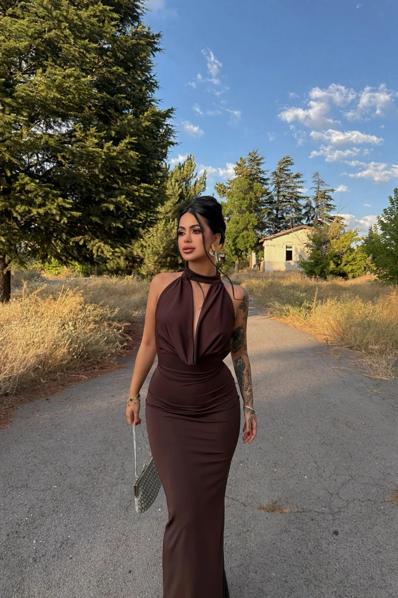Kahve Vogue Degaje Maxi Elbise