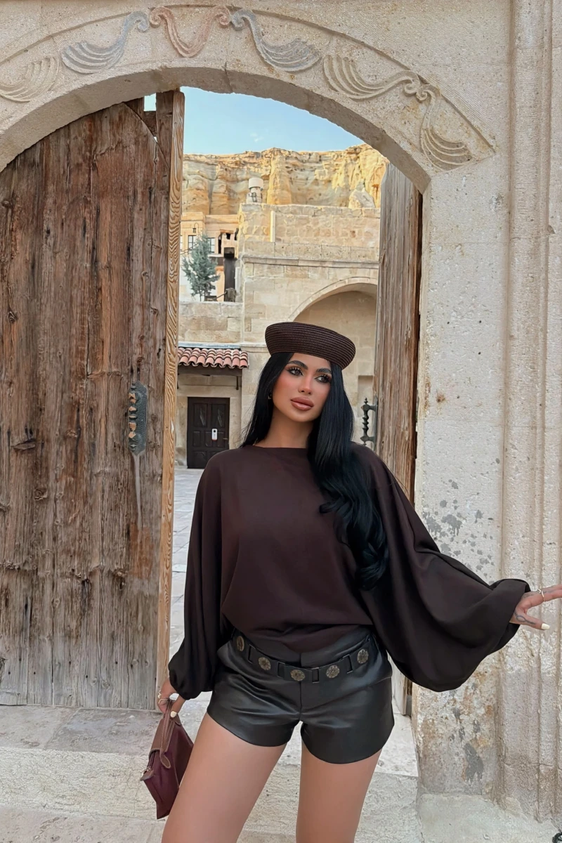 Kahve Yarasa Kol Kayık Yaka Bluz