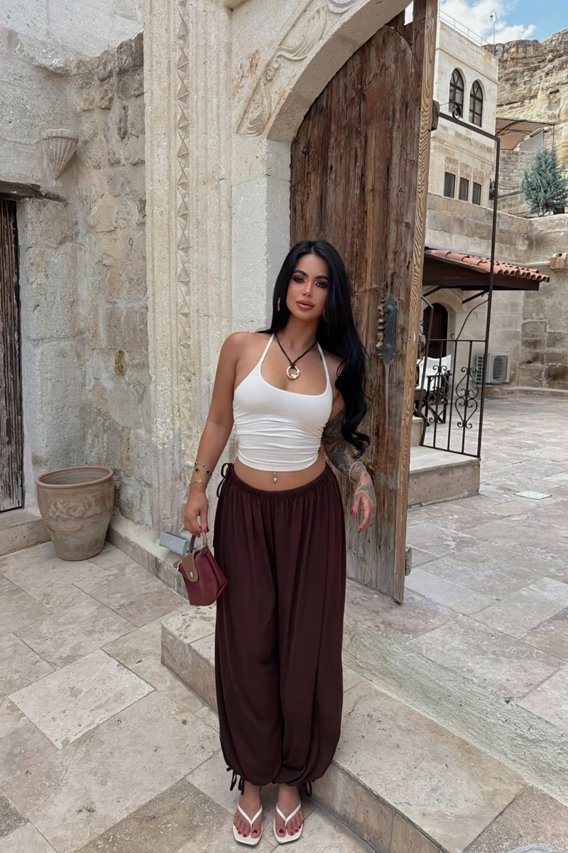 Kahve Yüksek Bel Buzzy Şalvar Pantolon
