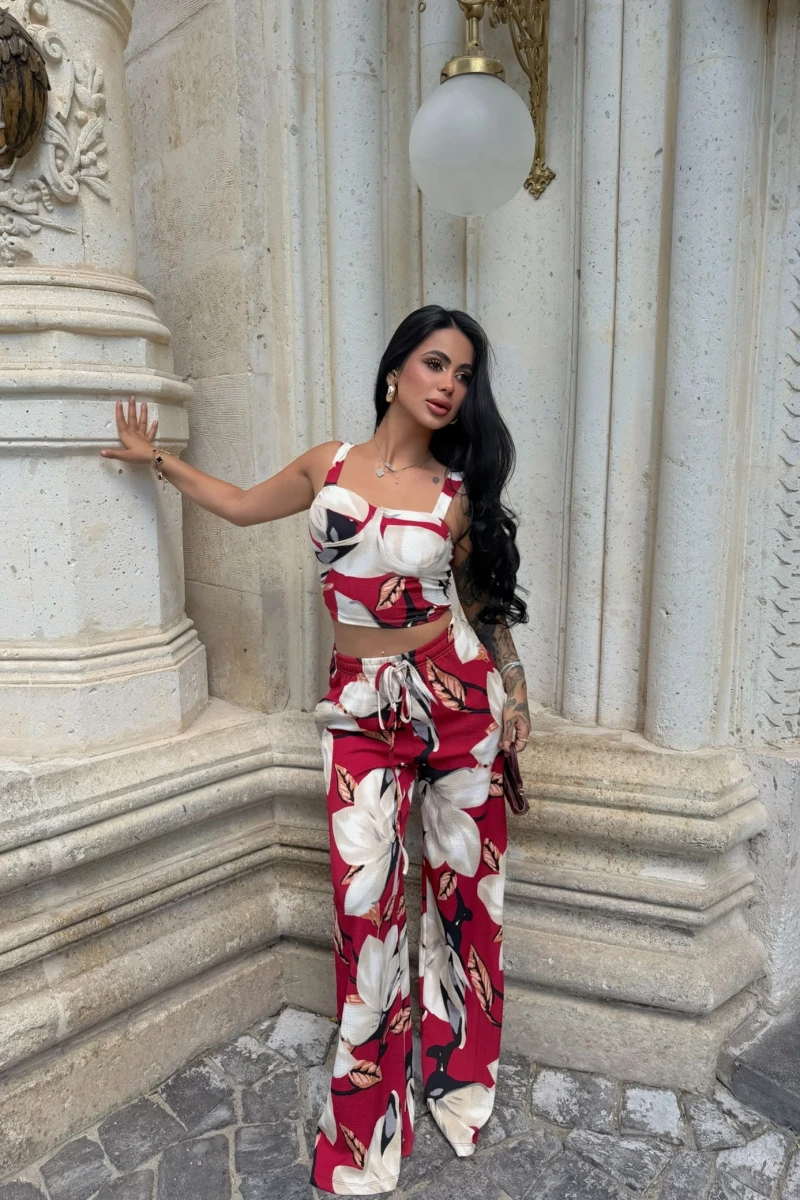 Kırmızı Bloom Palazzo İkili Takım