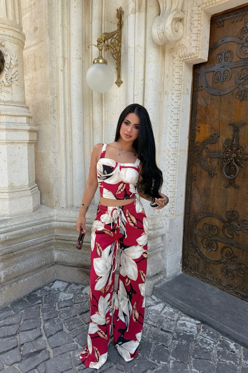 Kırmızı Bloom Palazzo İkili Takım