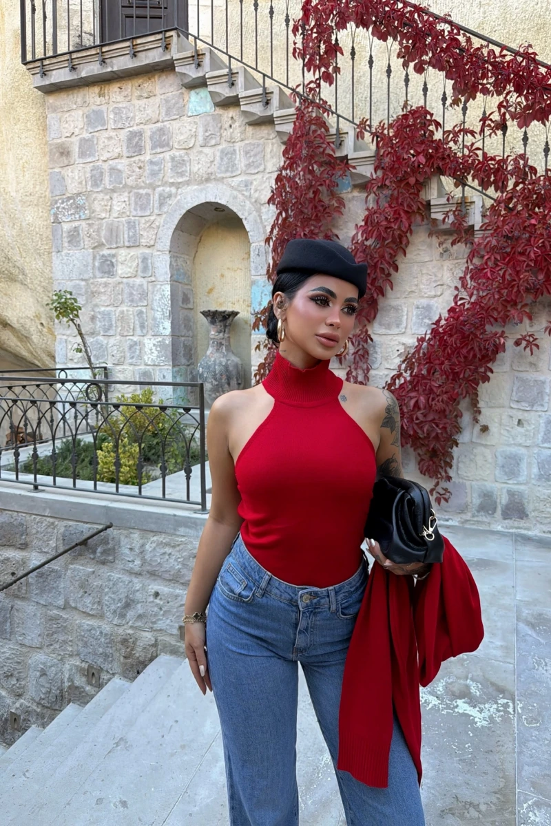 Kırmızı Bolerolu Triko İkili Takım