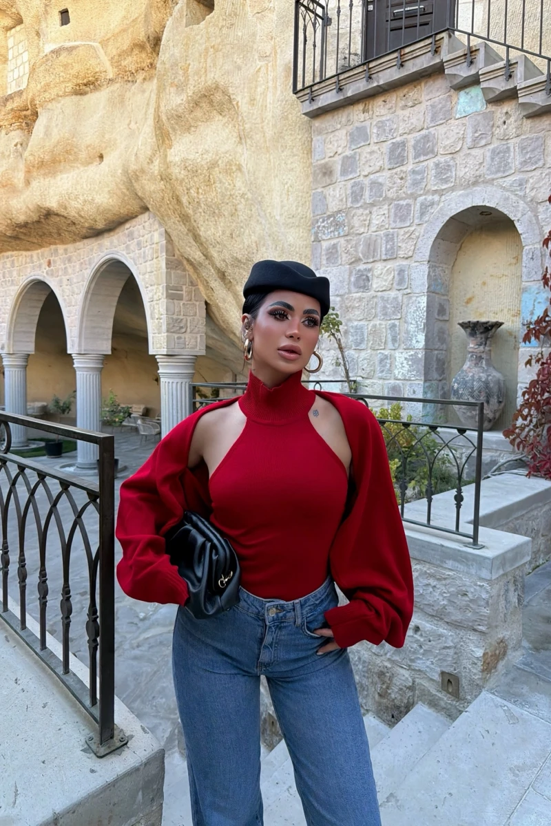 Kırmızı Bolerolu Triko İkili Takım