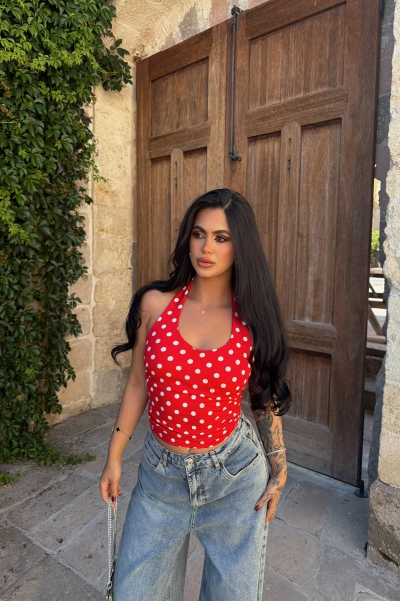 Kırmızı Boyundan Geçmeli Puantiyeli Crop