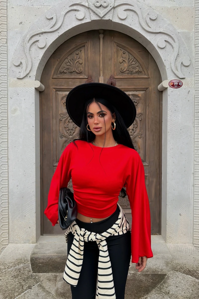 Kırmızı Carmen Drapeli Bluz