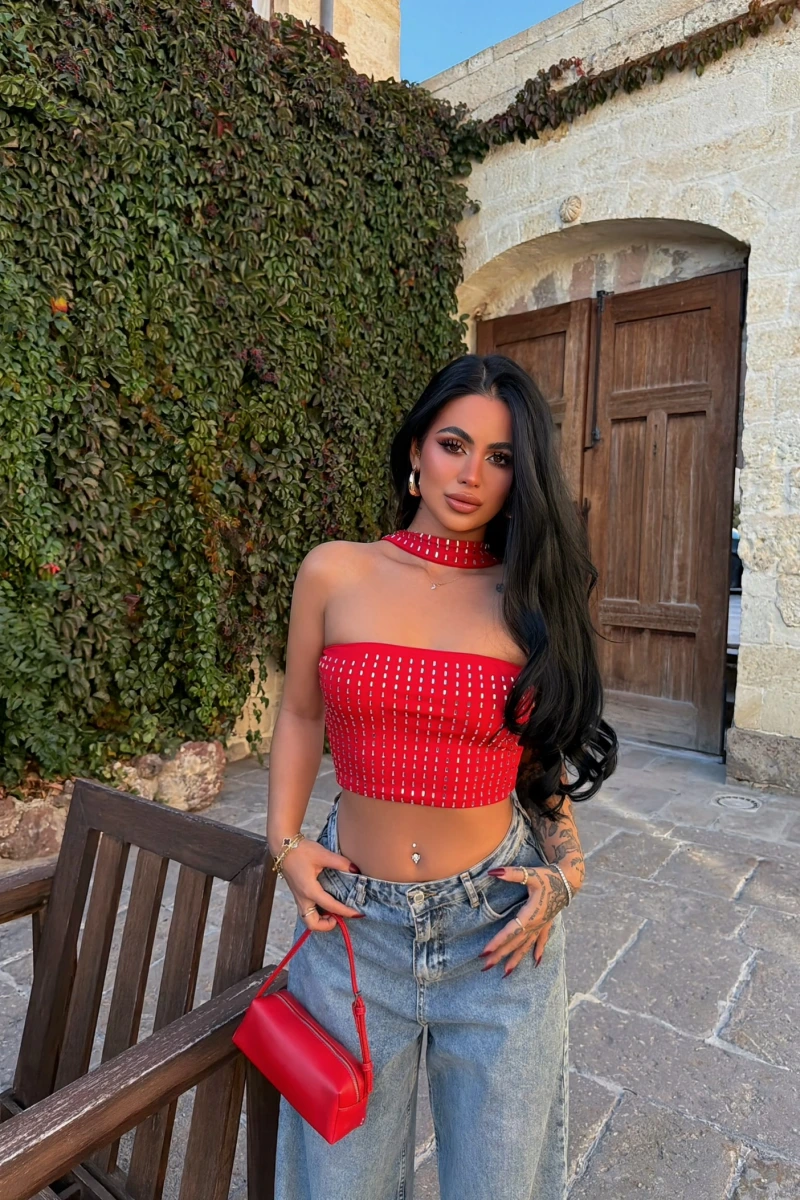 Kırmızı Diamond Choker Crop