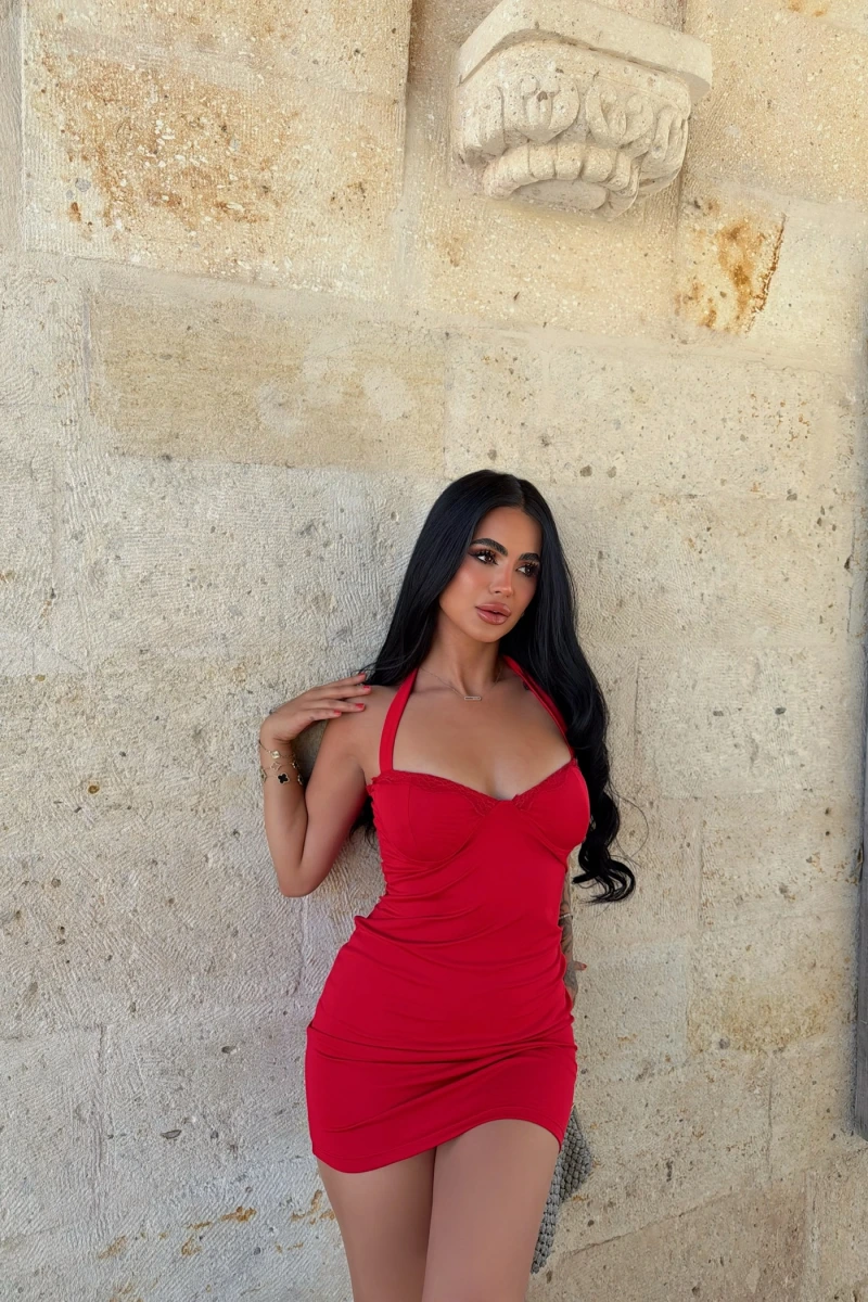 Kırmızı Göğüs Destekli Mini Elbise