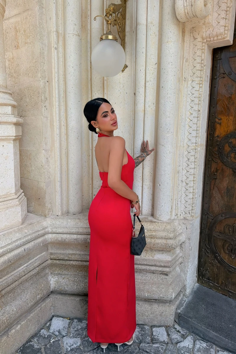 Kırmızı Kare Yaka Boyundan Geçmeli Elbise