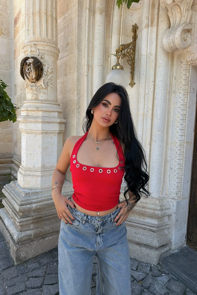 Kırmızı Kare Yaka Droplu Crop