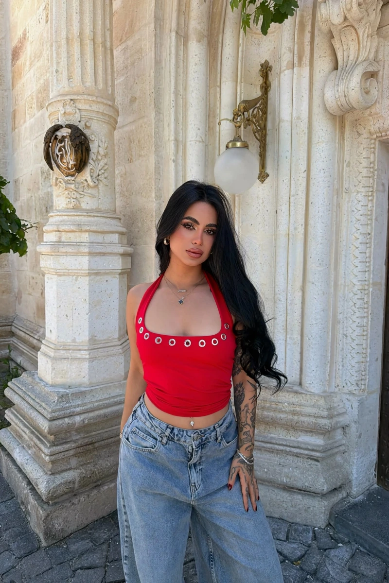 Kırmızı Kare Yaka Droplu Crop