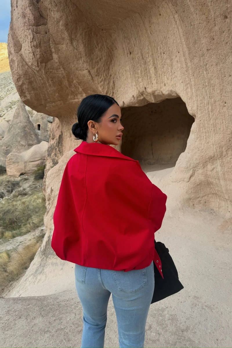 Kırmızı Kemerli Oversize Bomber Ceket