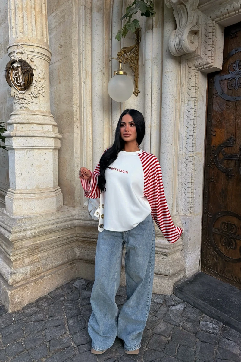 Kırmızı Kol Çizgili Reglan Sweat
