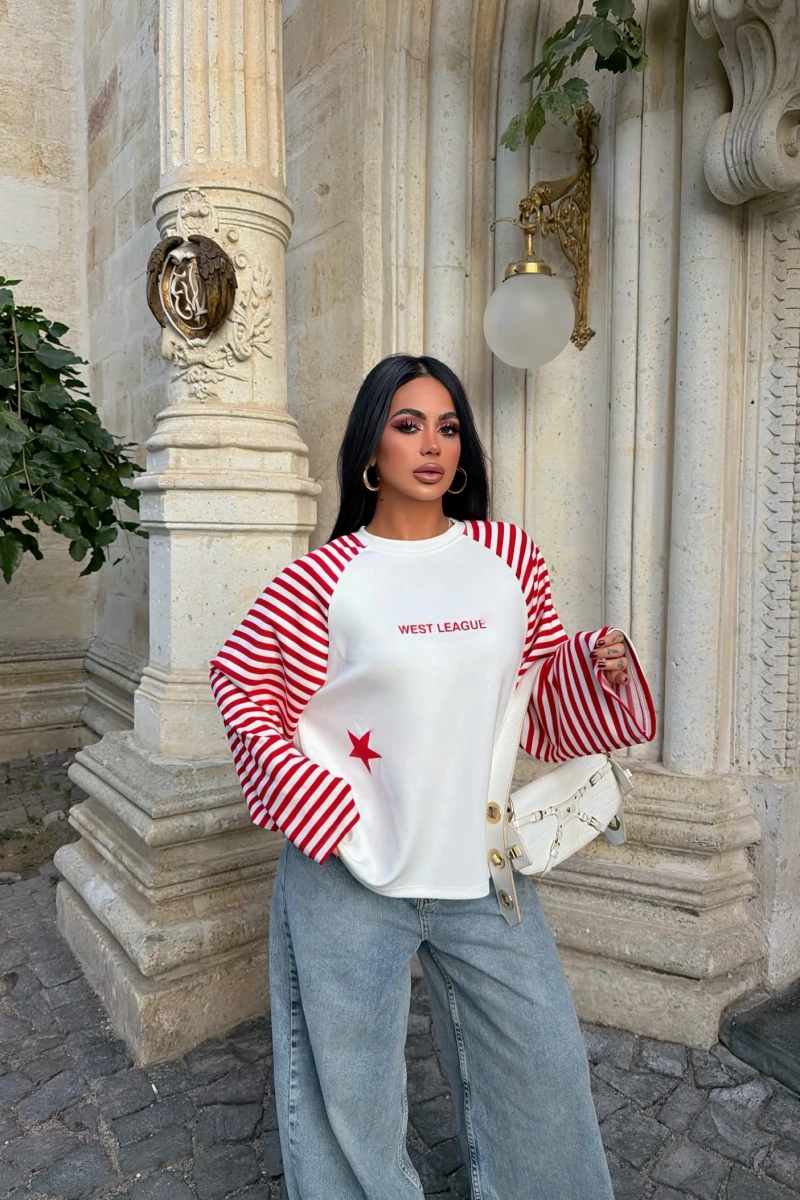Kırmızı Kol Çizgili Reglan Sweat