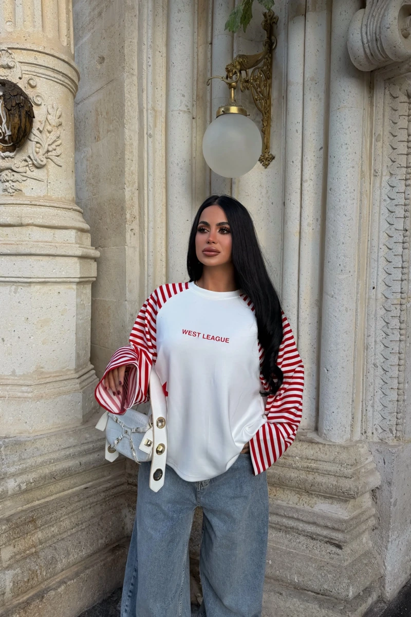 Kırmızı Kol Çizgili Reglan Sweat