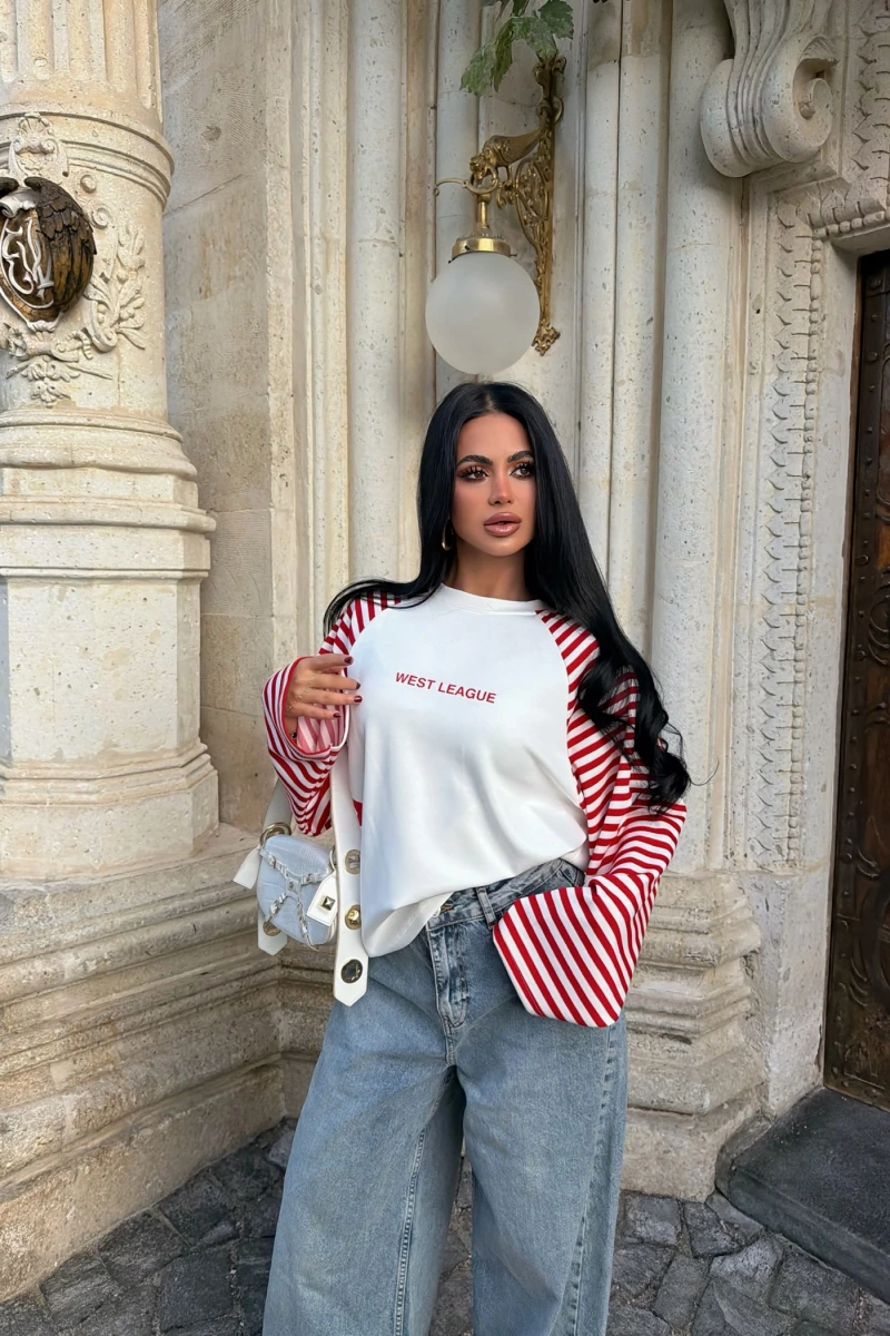 Kırmızı Kol Çizgili Reglan Sweat