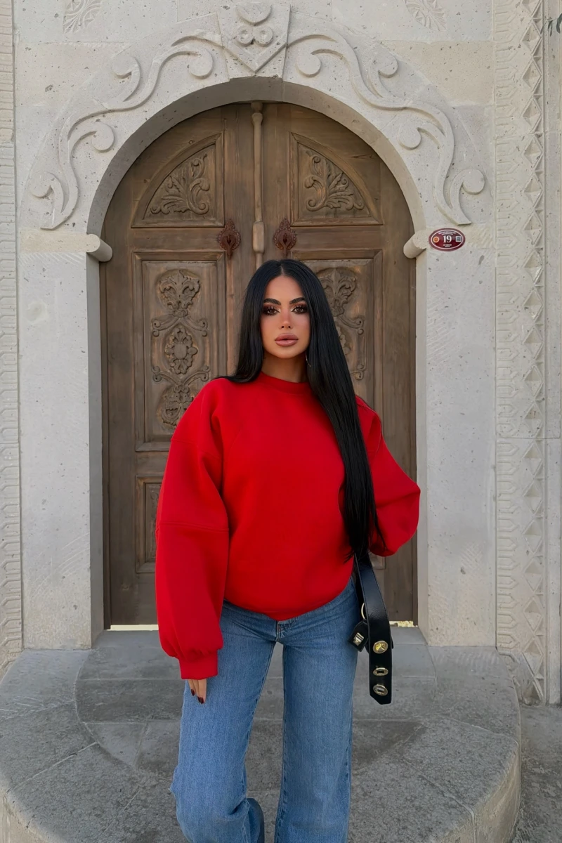 Kırmızı Kol Parçalı Şardonlu Sweat