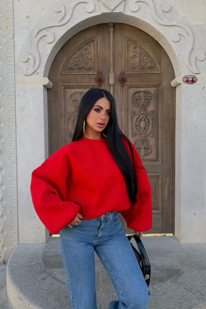 Kırmızı Kol Parçalı Şardonlu Sweat