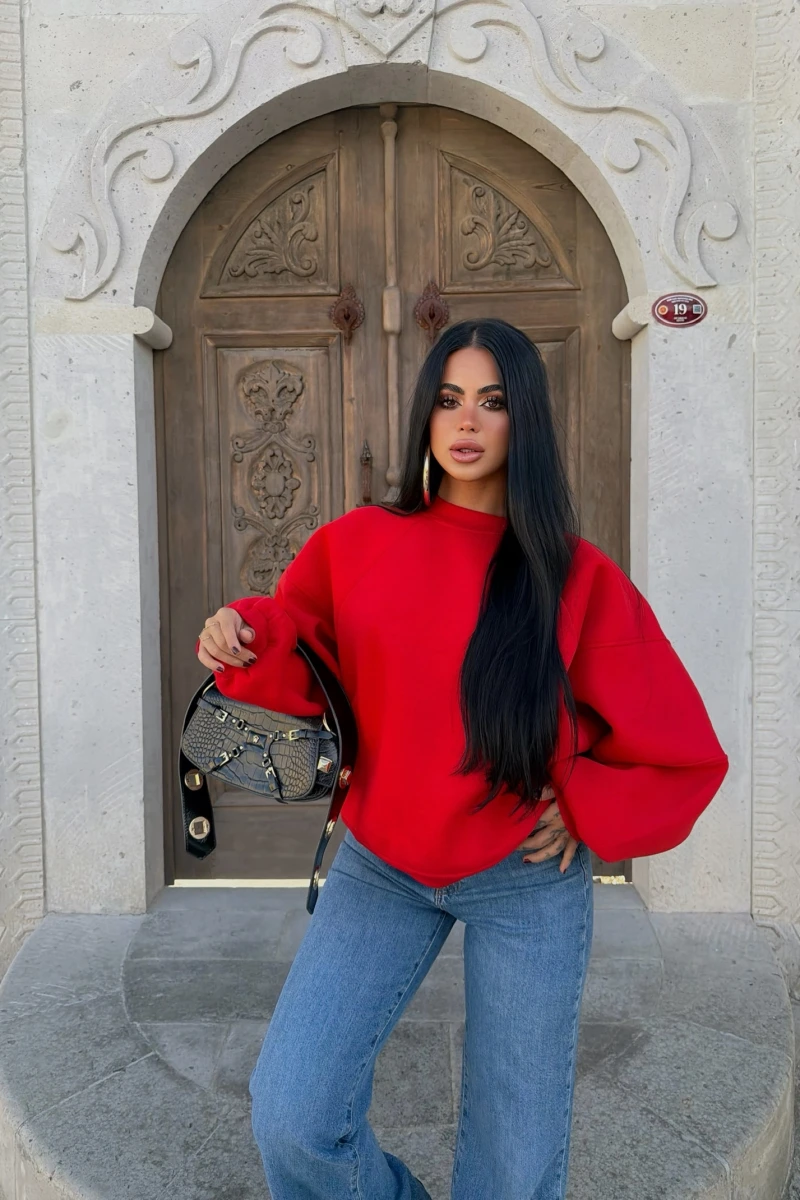 Kırmızı Kol Parçalı Şardonlu Sweat