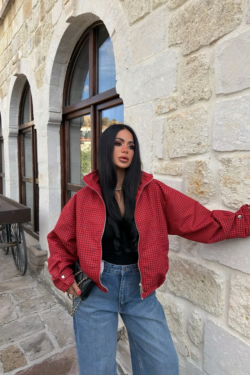 Kırmızı Lora Ekose Bomber Ceket