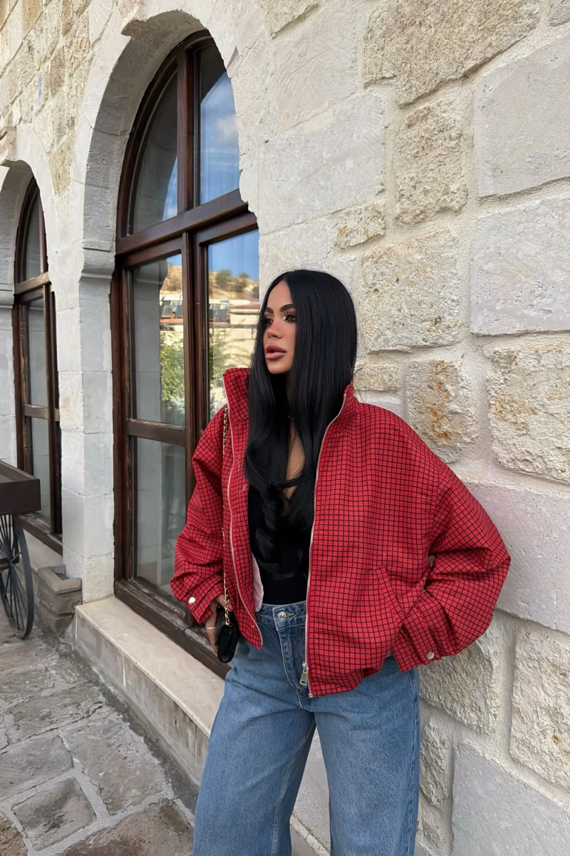 Kırmızı Lora Ekose Bomber Ceket