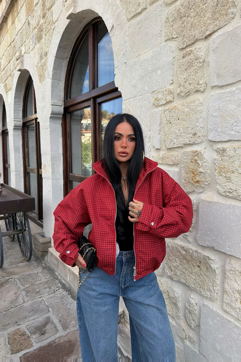 Kırmızı Lora Ekose Bomber Ceket
