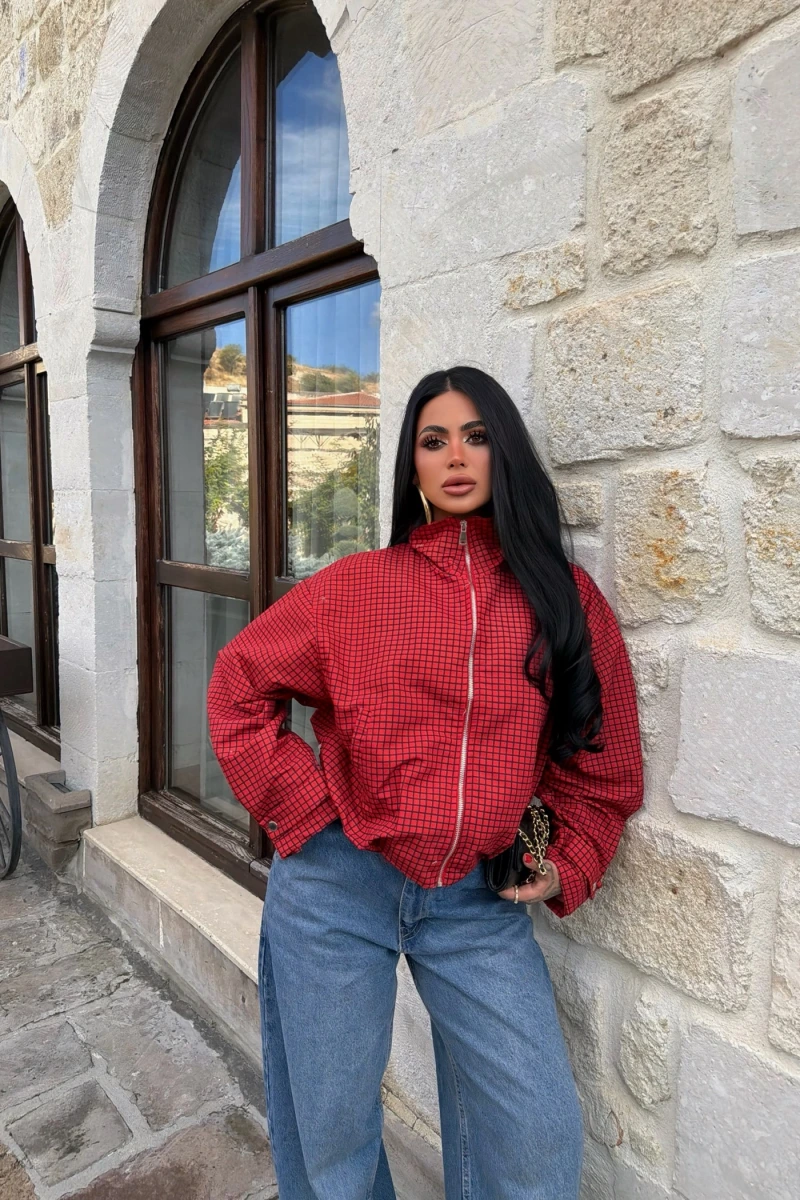 Kırmızı Lora Ekose Bomber Ceket