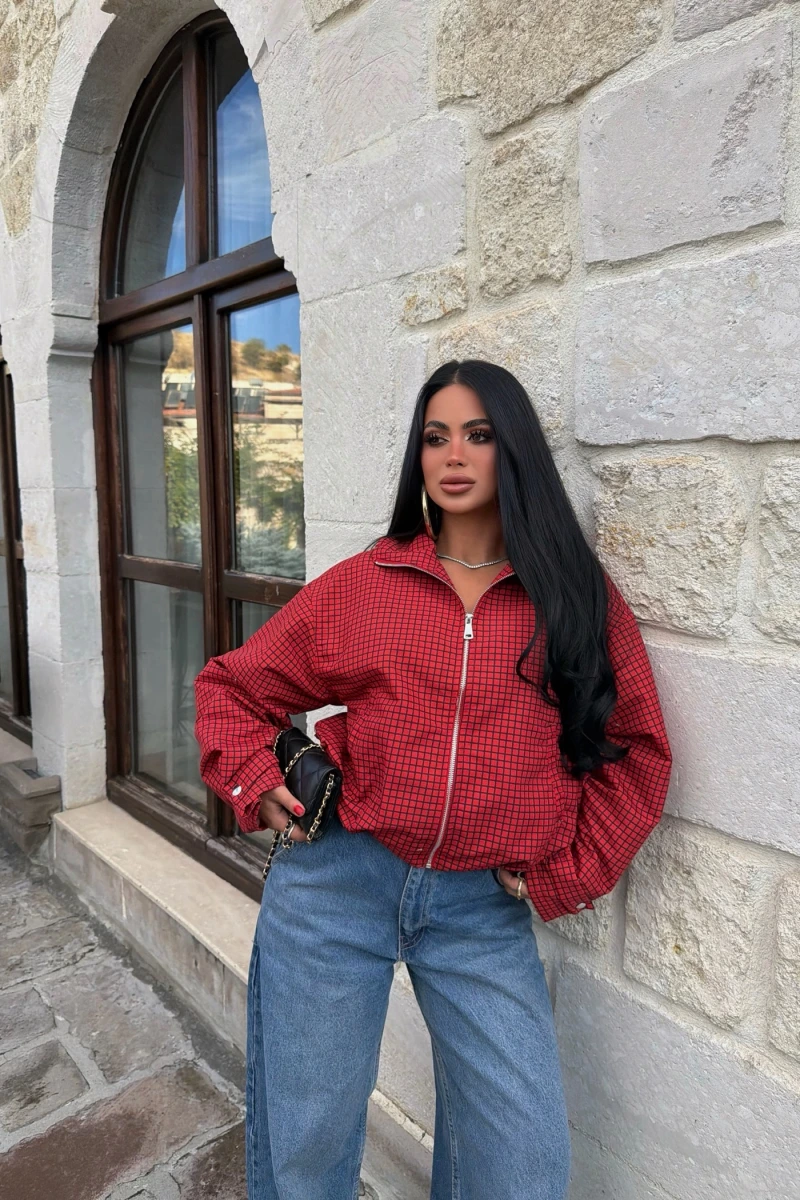 Kırmızı Lora Ekose Bomber Ceket