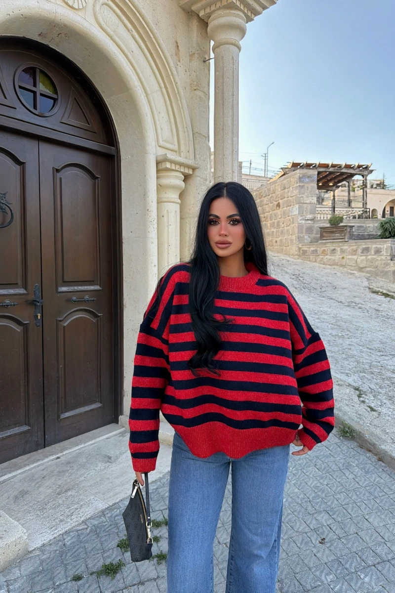 Kırmızı Miley Çizgili Oversize Kazak