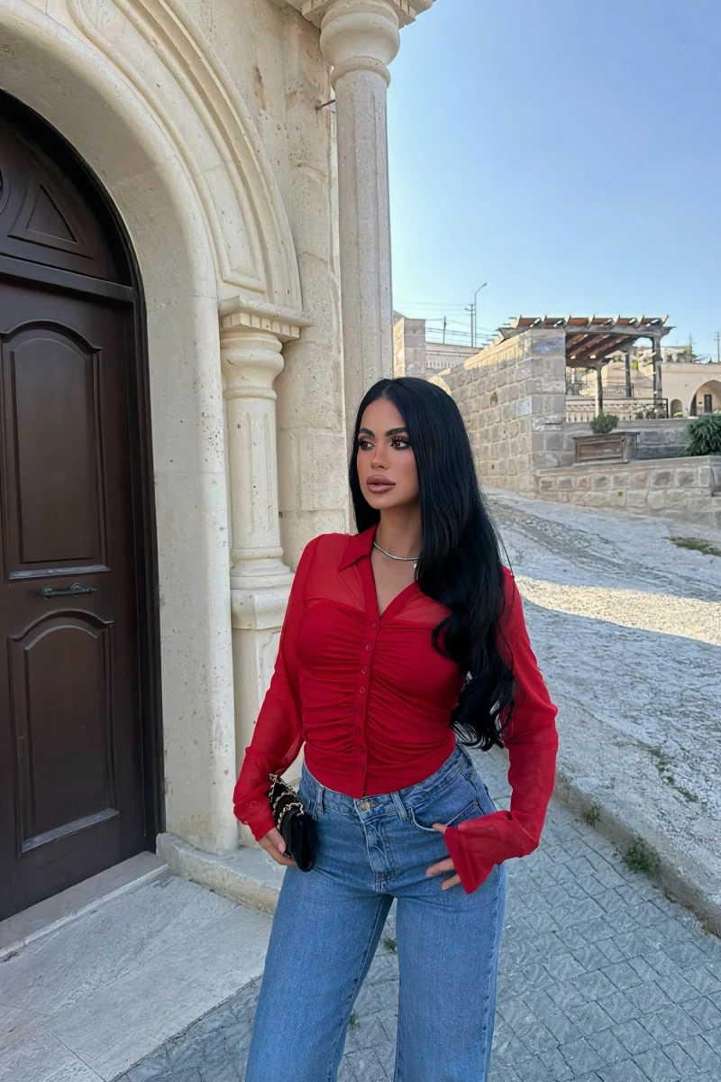 Kırmızı Polo Yaka Crop Gömlek