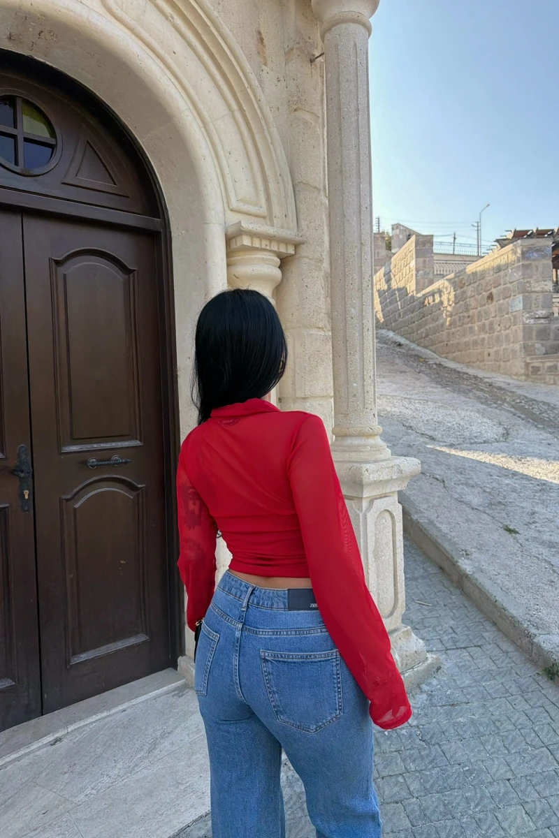 Kırmızı Polo Yaka Crop Gömlek