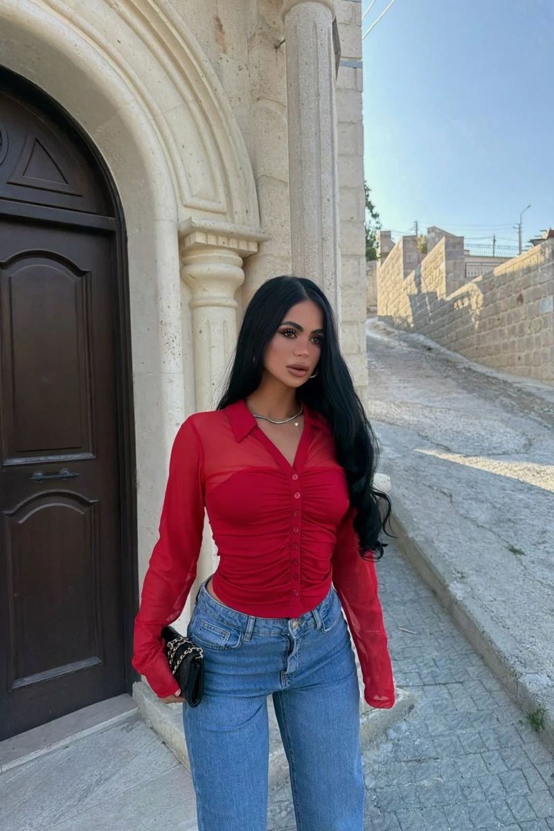 Kırmızı Polo Yaka Crop Gömlek