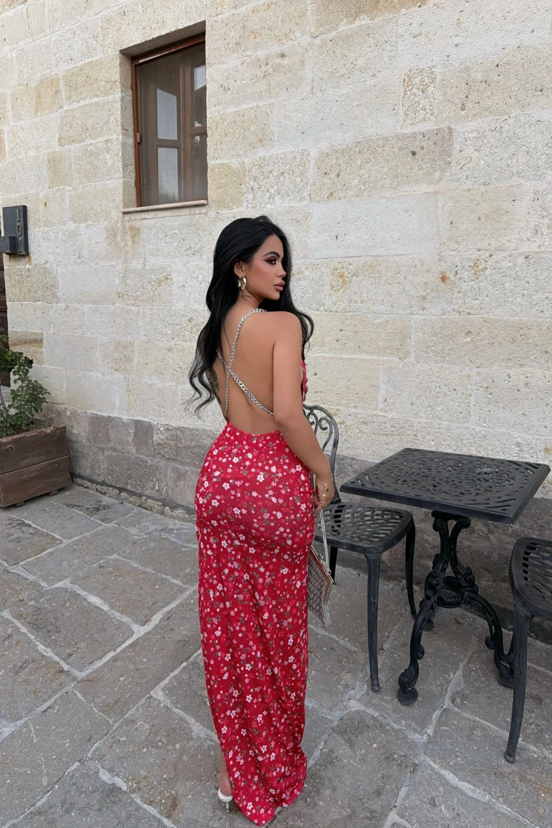 Kırmızı Sırt Zincirli Flowers Elbise