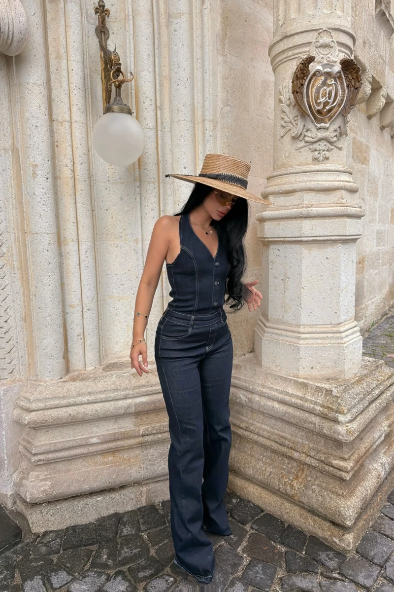Kontrast Dikişli Denim Tulum