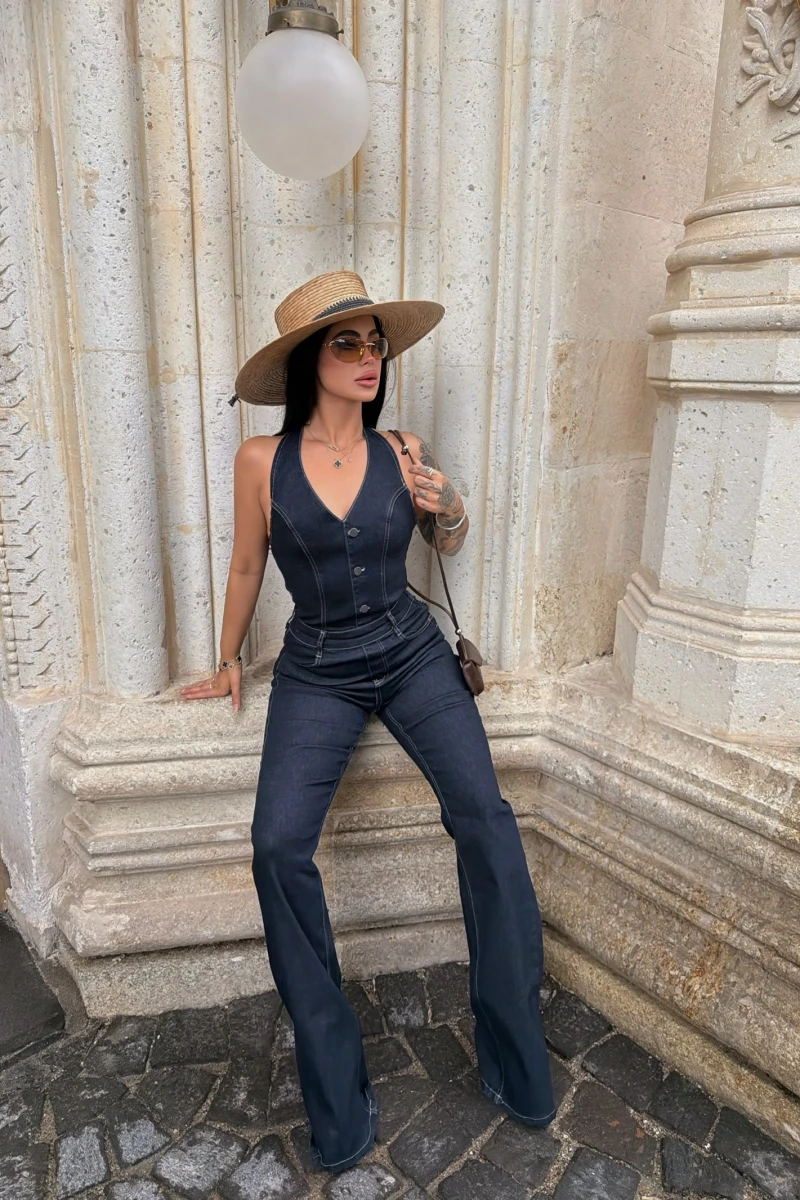 Kontrast Dikişli Denim Tulum