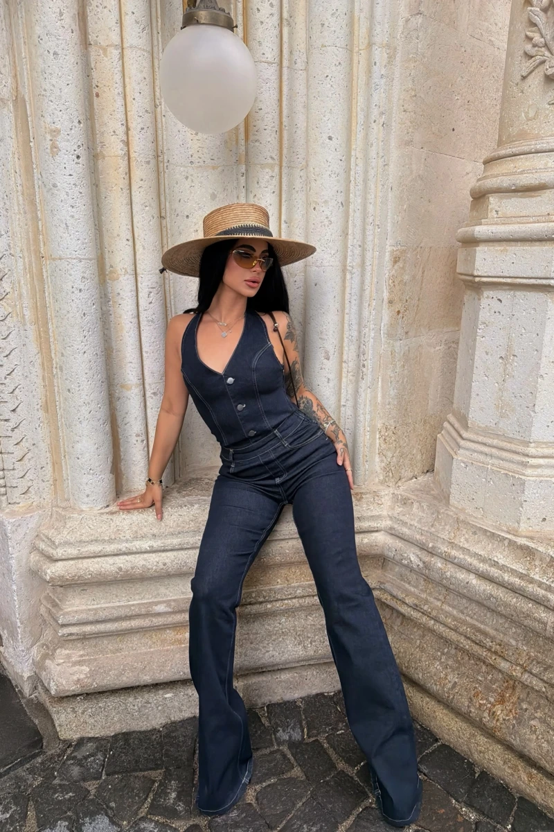 Kontrast Dikişli Denim Tulum