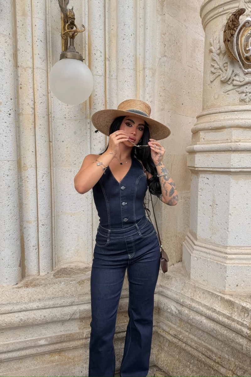 Kontrast Dikişli Denim Tulum