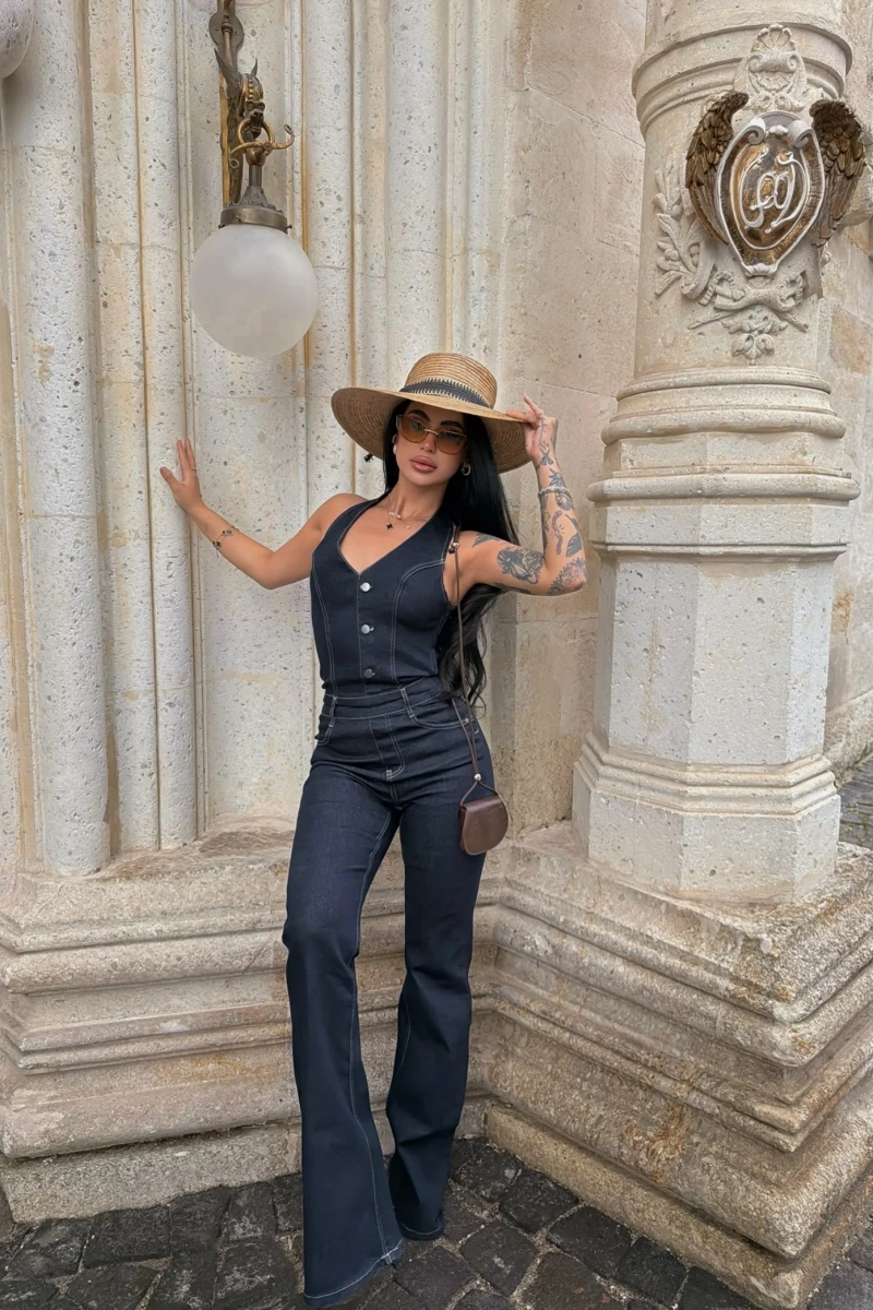 Kontrast Dikişli Denim Tulum