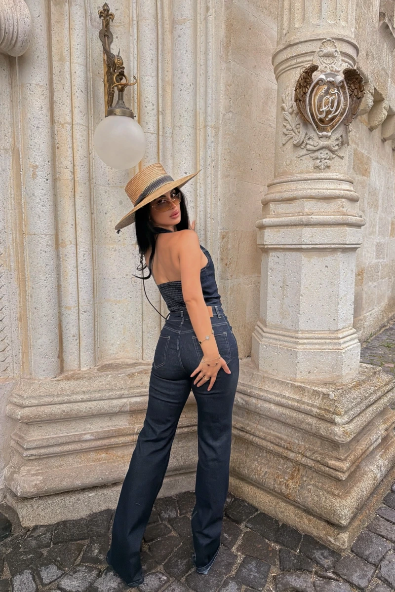 Kontrast Dikişli Denim Tulum