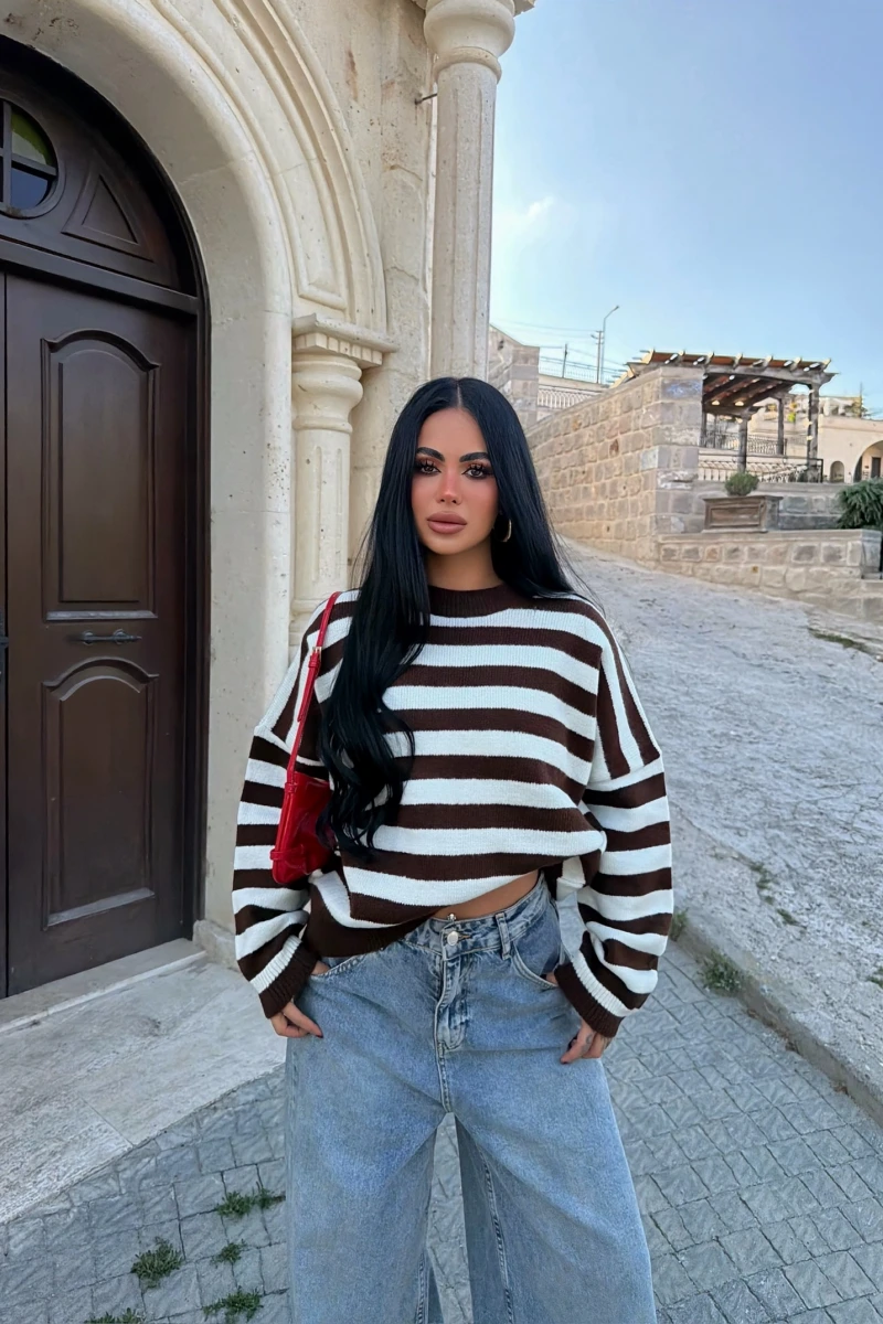 Krem Miley Çizgili Oversize Kazak