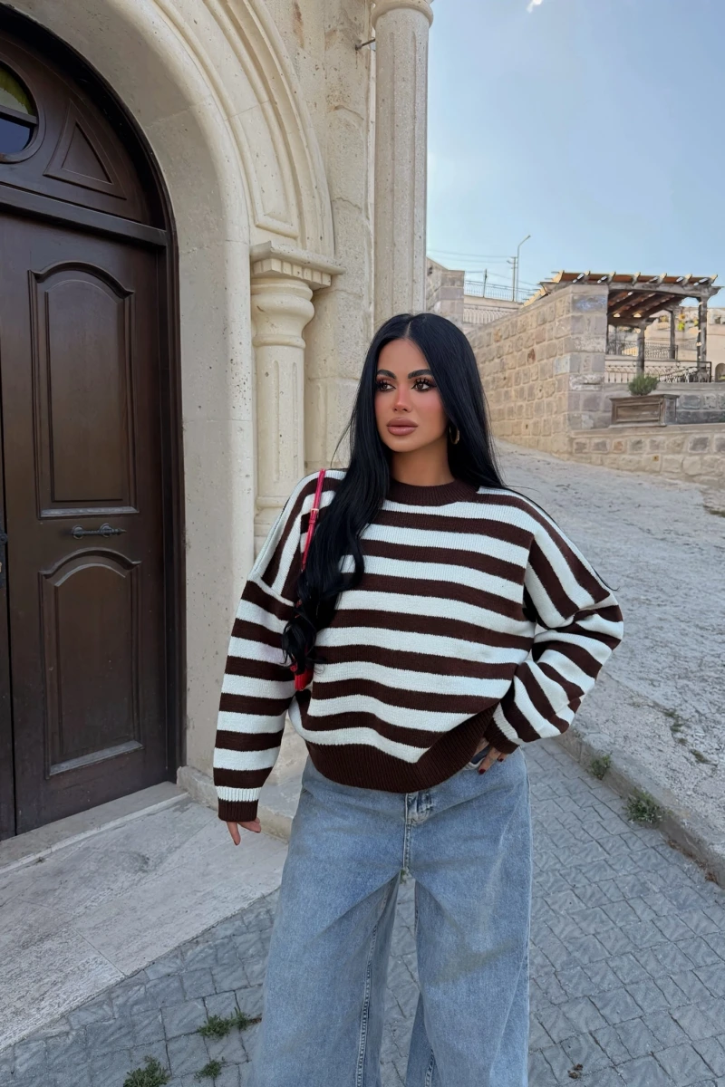 Krem Miley Çizgili Oversize Kazak
