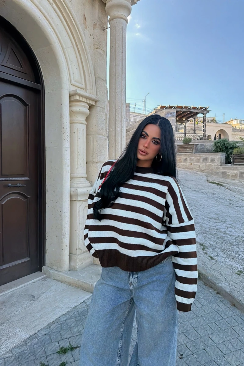 Krem Miley Çizgili Oversize Kazak