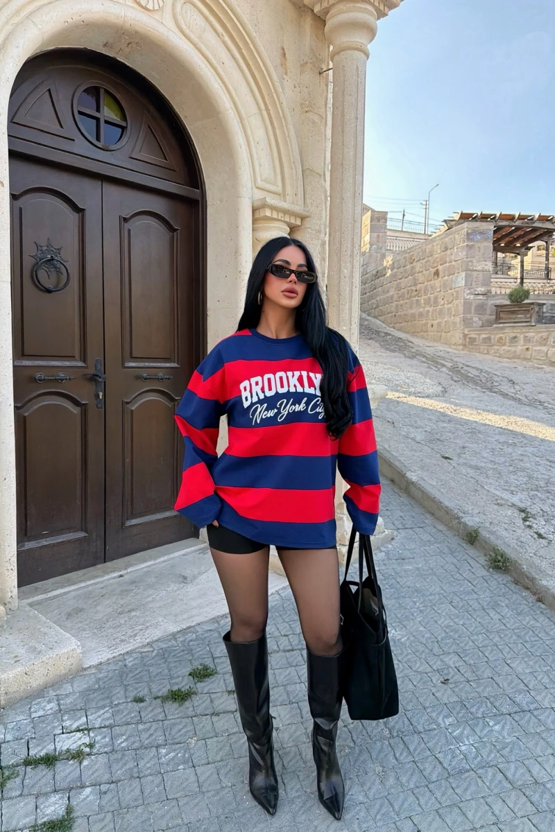 Lacivert Brooklyn Çizgili Sweat