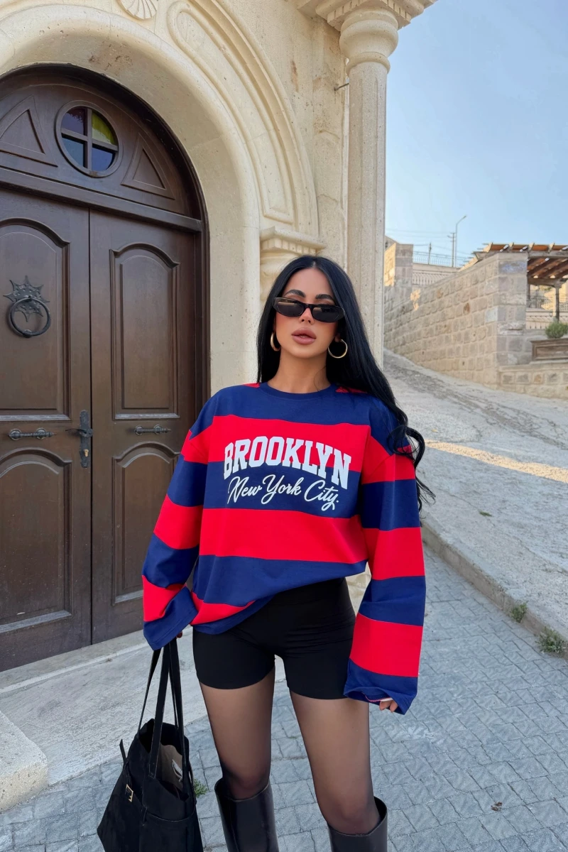Lacivert Brooklyn Çizgili Sweat
