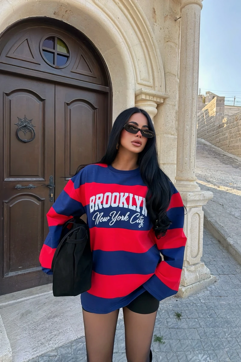 Lacivert Brooklyn Çizgili Sweat
