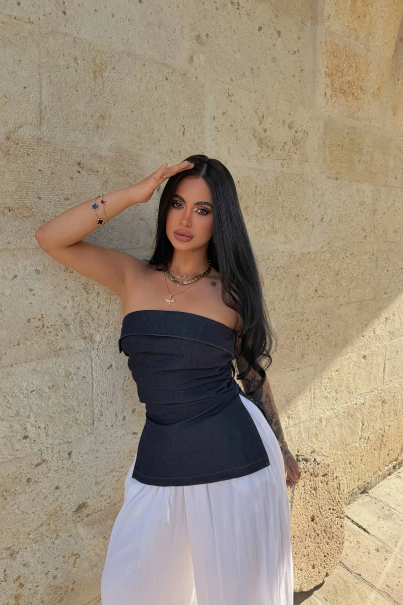 Lacivert Çift Yırtmaçlı Denim Straplez